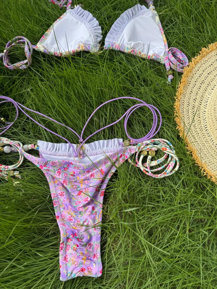 Set Bikini Triangolo Sexy Micro Thong, Costume da Bagno Donna, Biquini con Lacci, Abbigliamento da Spiaggia Stampato, Bikini Thong