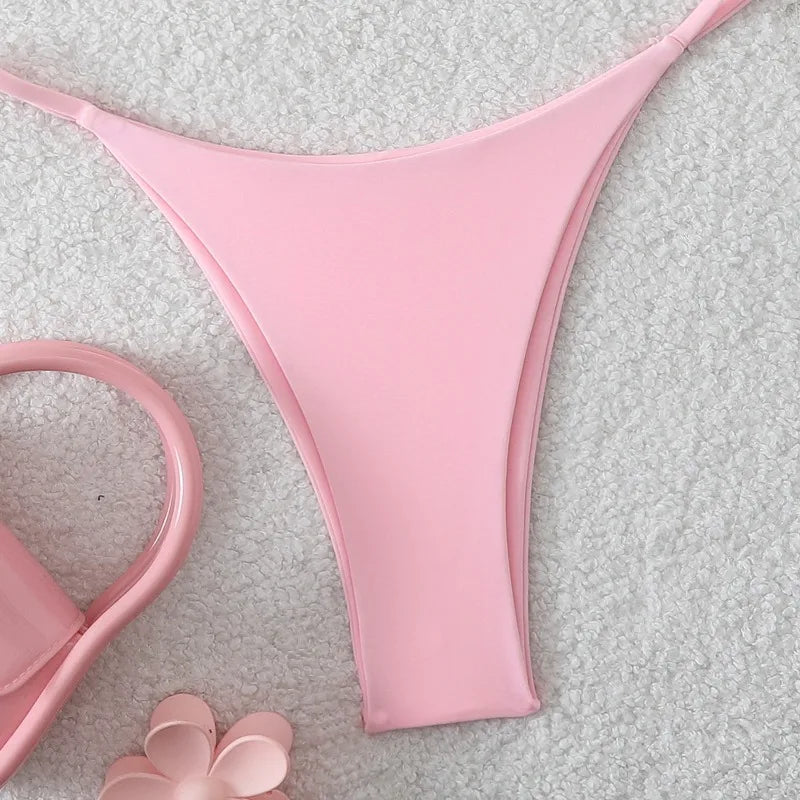 Costume da Bagno da Spiaggia alla Moda, Set Bikini a Perizoma per Donna, Sexy Costume da Bagno a Triangolo con Lacci, Due Pezzi, Stile Brasiliano, Tinta Unita