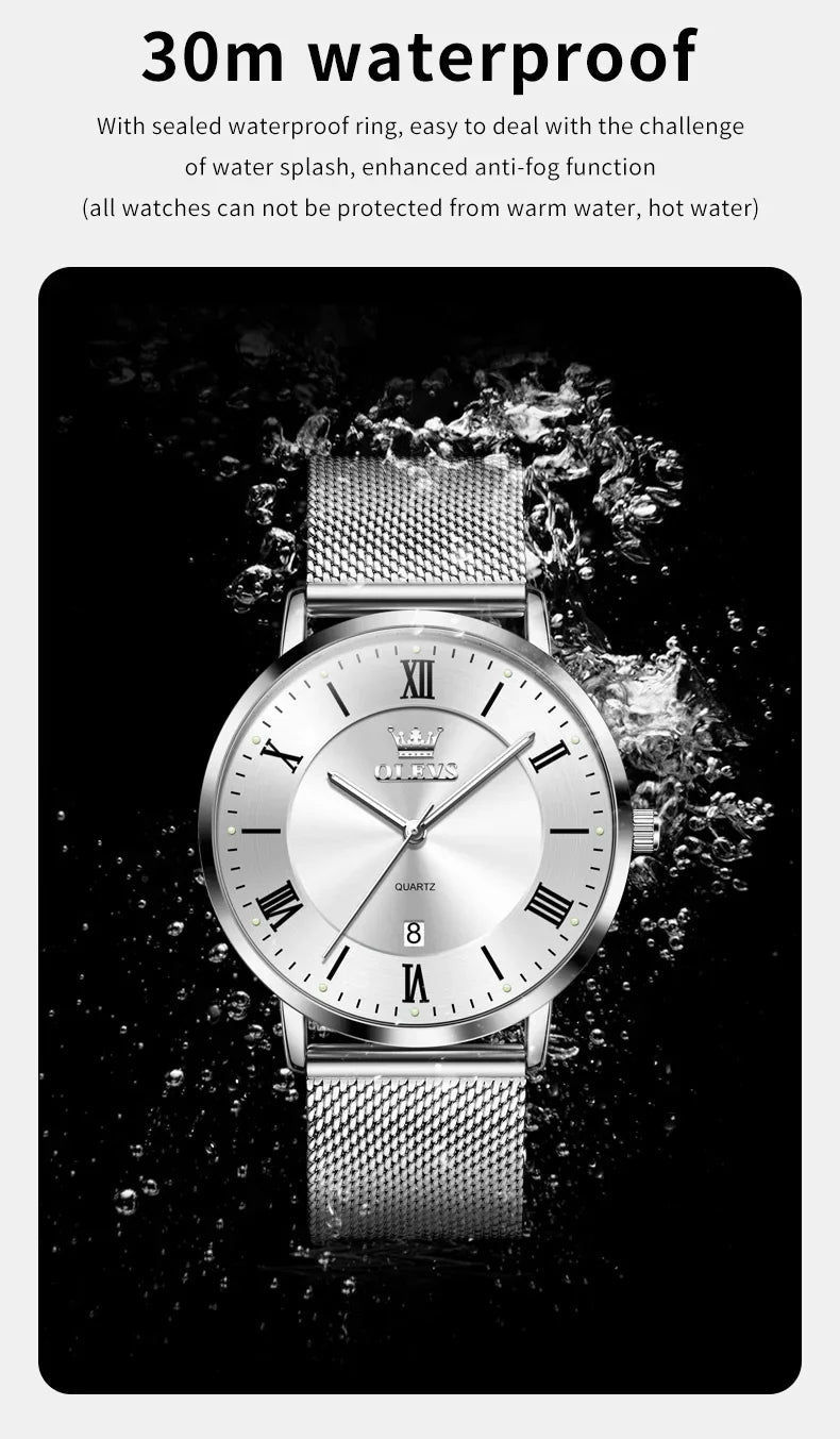 OLEVS 5623 Orologio al quarzo da uomo con quadrante minimalista con numeri romani, cinturino in maglia milanese, lancette luminose, datario, resistente all'acqua fino a 30 m