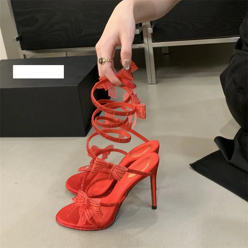 Aneikeh Elegant Pink Wedding Shoes CRYSTAL Bow High Heels Sandals Woman Summer Ankle Strap Thin High Heels Open Toed Party Shoes