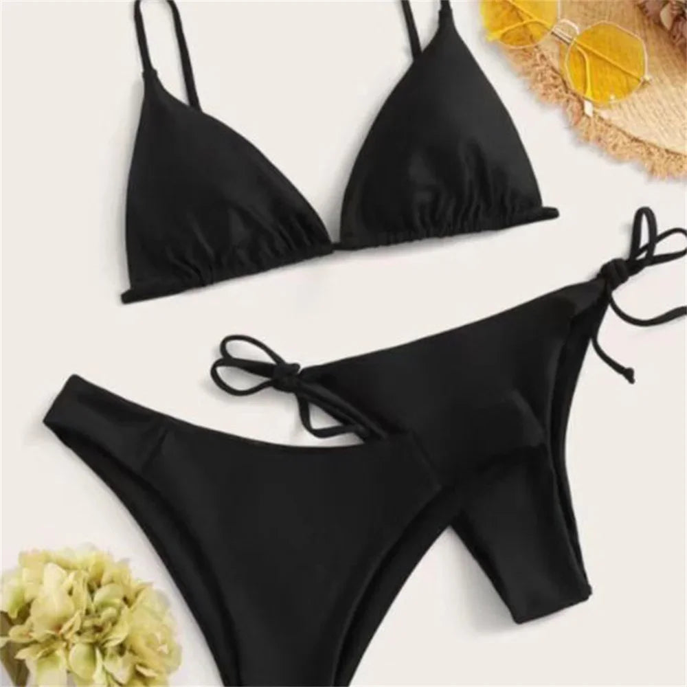 Bikini nero Costume da bagno estremo Triangolo Costumi da bagno sexy String 3 pezzi Bikini Set Costume da bagno donna Beach Tangas Biquinis Feminino