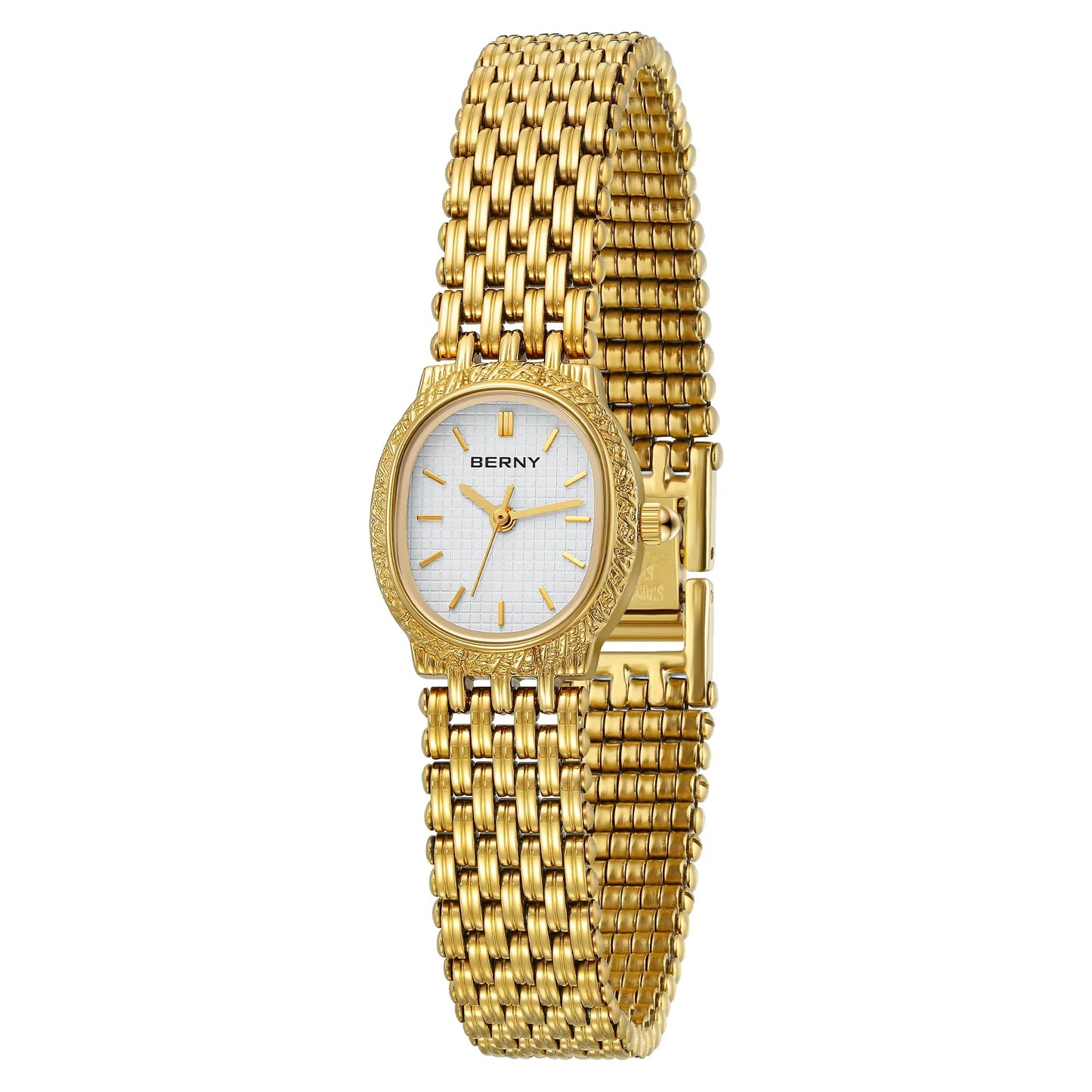 BERNY Orologio al quarzo da donna Cinturino in acciaio inossidabile dorato Orologio da polso ellittico di lusso Orologio da donna semplice retrò impermeabile