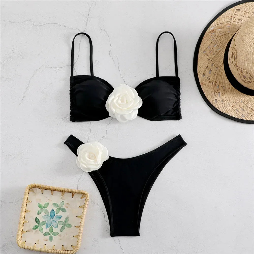 Costume da Bagno Sexy con Fiori e Fascia, Bikini a Perizoma 2025, Costumi da Bagno Donna con Lacci, Set Bikini Brasiliano, Biquini Mujer