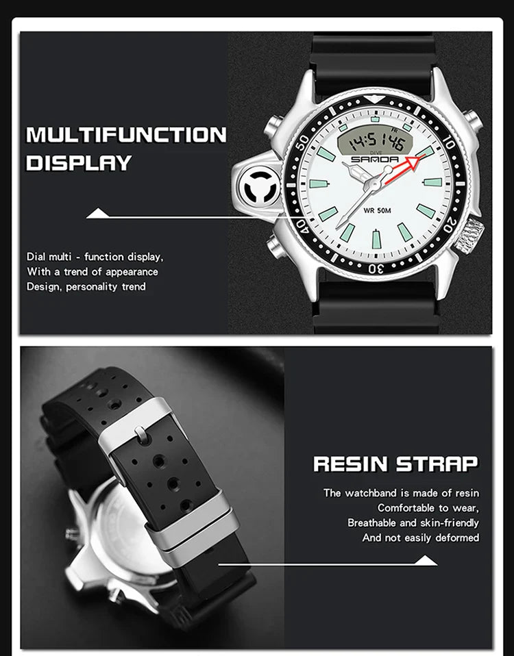 SANDA Sport orologio digitale al quarzo da uomo orologi subacquei creativi orologio da uomo con allarme impermeabile orologio con doppio Display Relogio Masculino
