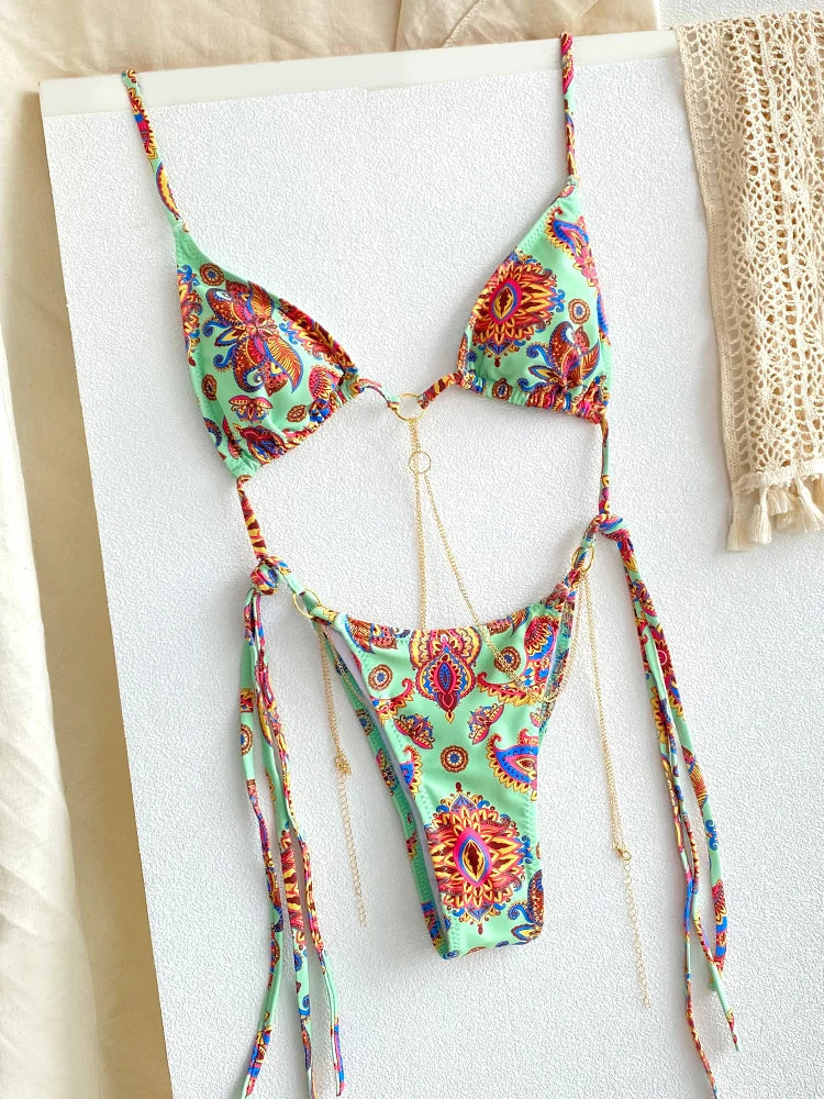 Catene a triangolo sexy Set bikini Micro perizoma Costume da bagno donna Costume da bagno Biquini Fasciatura Costumi da bagno Stampa Costumi da bagno Perizoma Bikini