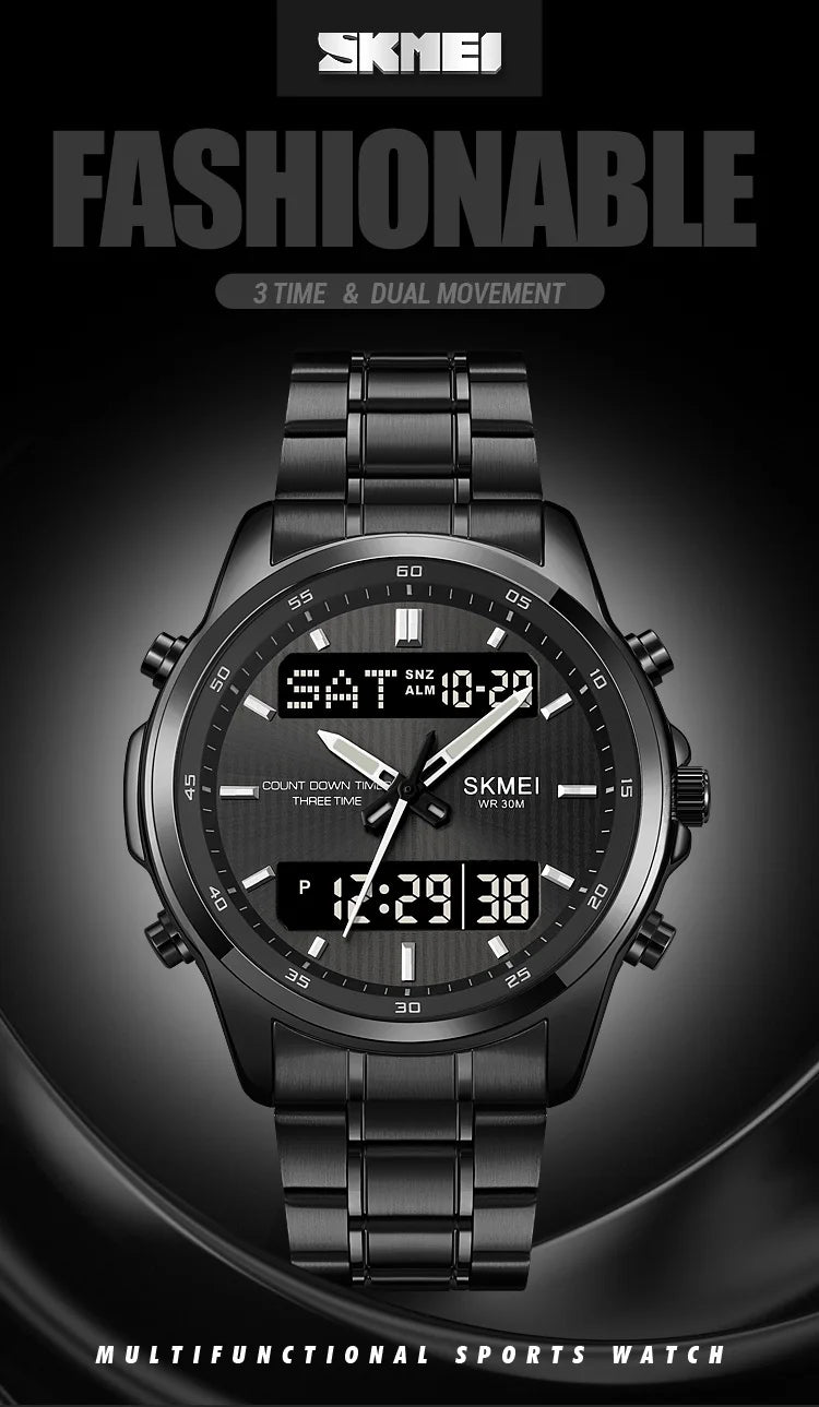 Skmei orologio da polso analogico al quarzo da uomo cinturino in acciaio inossidabile di lusso Led impermeabile digitale sportivo sveglia a tre fusi orari