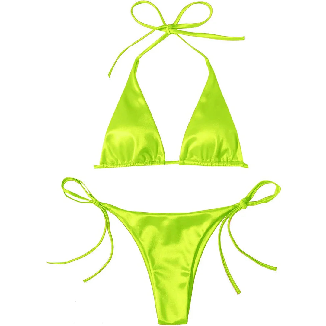 Sexy 13 colori Halter Satin Bikini brasiliano Donna Costumi da bagno Costume da bagno femminile Bikini a due pezzi Bagnante Costume da bagno Swim V4966