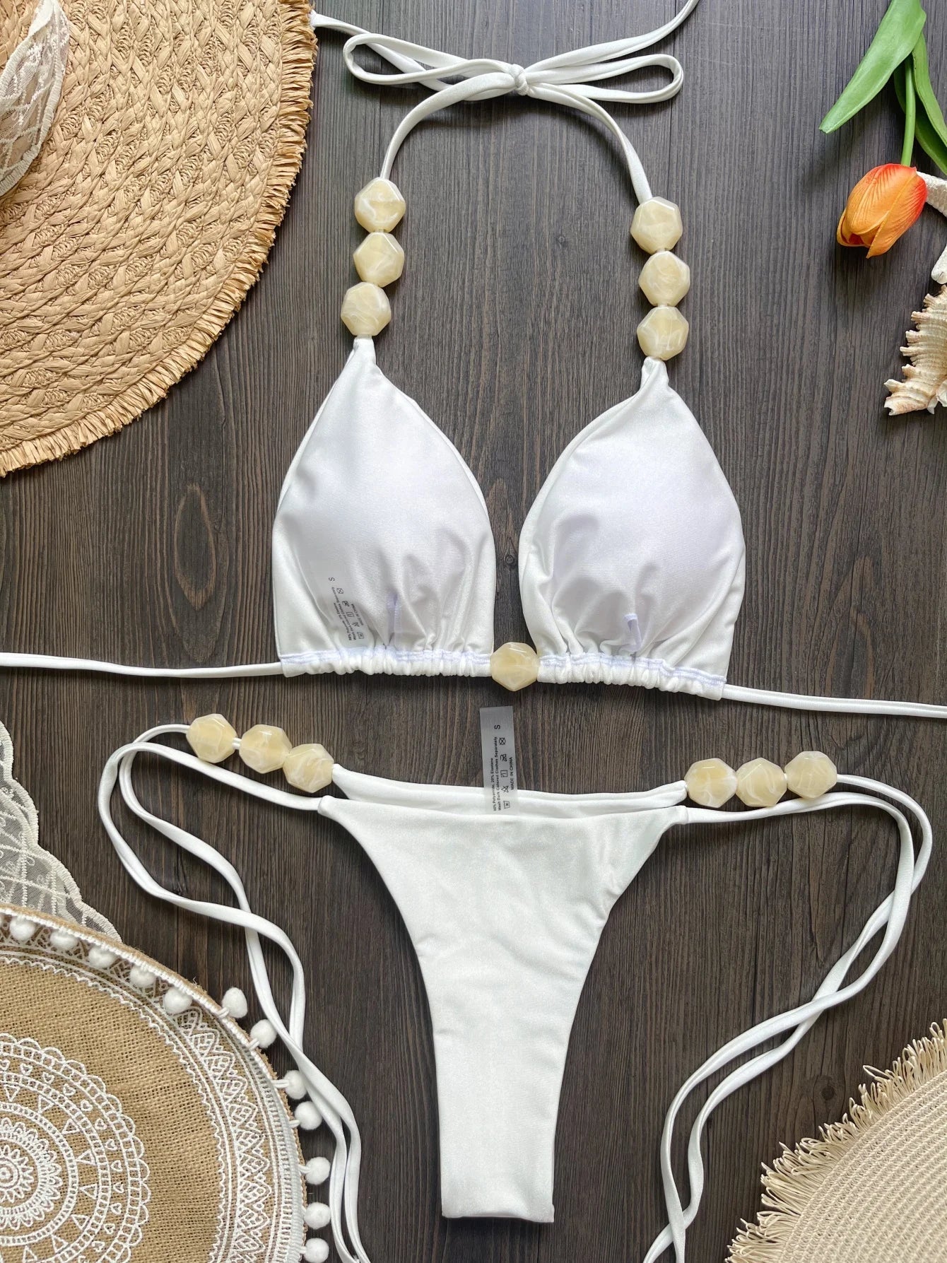 Costume da bagno bikini sexy con perline 2026 da donna, set bikini halter con scollo a V, abbigliamento da spiaggia estivo