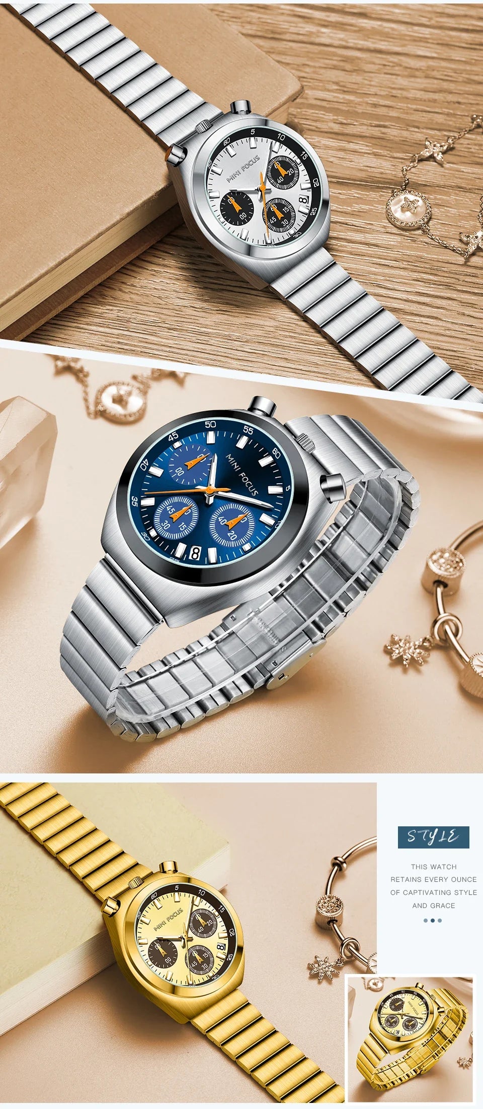 MINI FOCUS Orologio al quarzo verde argento per donna Orologio da polso cronografo con cinturino in acciaio inossidabile moda con lancette luminose Data 0491