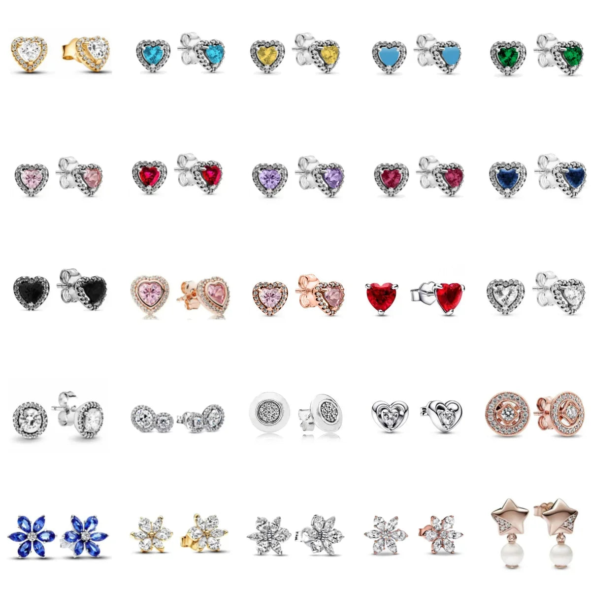 2025 Orecchini originali in pietra a forma di cuore bianco rosa, blu, rosso, verde, orecchino di perla con fiocco di neve, gioielli in argento s925 con fascino femminile