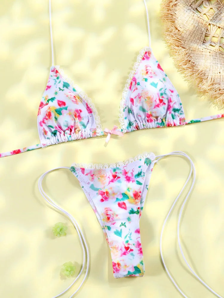 Set Bikini Triangolo Sexy Micro Thong, Costume da Bagno Donna, Biquini con Lacci, Abbigliamento da Spiaggia Stampato, Bikini Thong