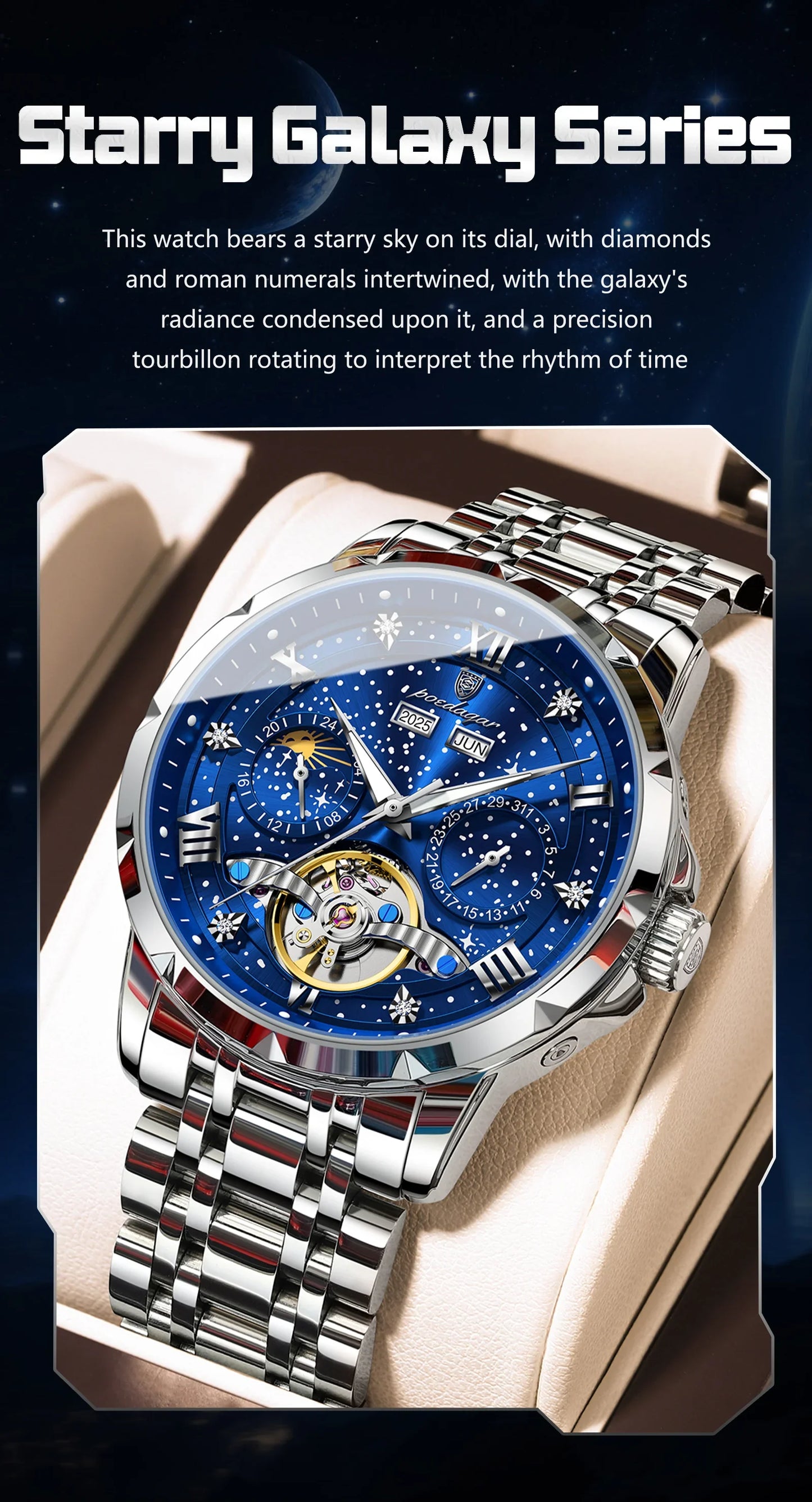 POEDAGAR Top Orologio da uomo originale Orologio meccanico automatico da uomo in acciaio inossidabile Calendario Hollow Tourbillon Orologio da uomo Maschio + scatola