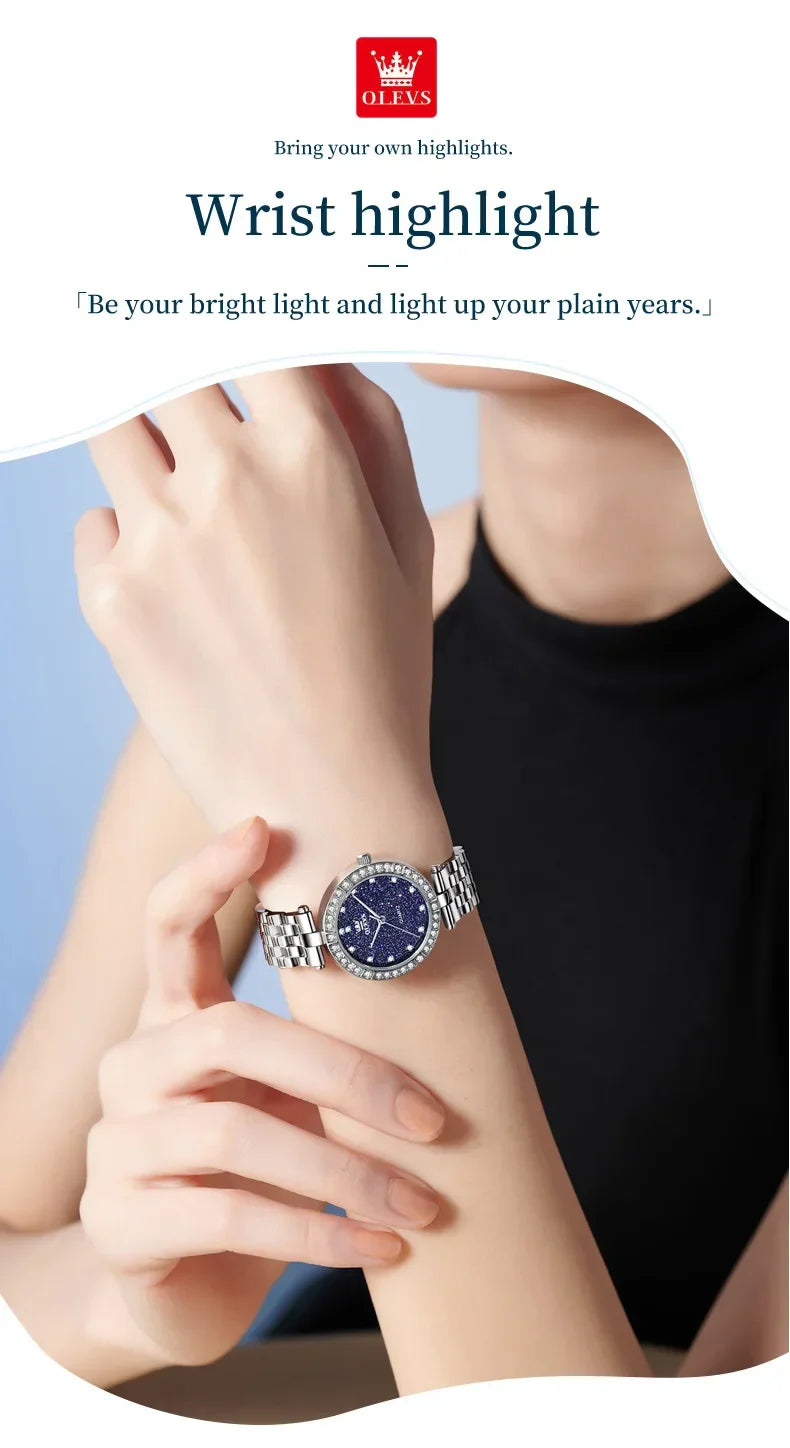 OLEVS 3641 Elegante orologio al quarzo da donna impermeabile Quadrante stellato luminoso in acciaio inossidabile con confezione regalo - Accessorio alla moda da donna