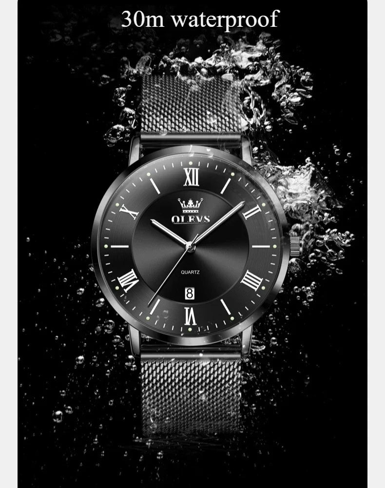 OLEVS 5623 Orologio al quarzo da uomo con quadrante minimalista con numeri romani, cinturino in maglia milanese, lancette luminose, datario, resistente all'acqua fino a 30 m