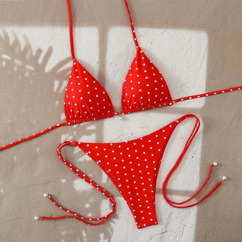 Bikini di Tendenza 2026, Costume da Bagno Sexy con Perle, Micro Bikini a Pois, Abbigliamento da Spiaggia per Donna