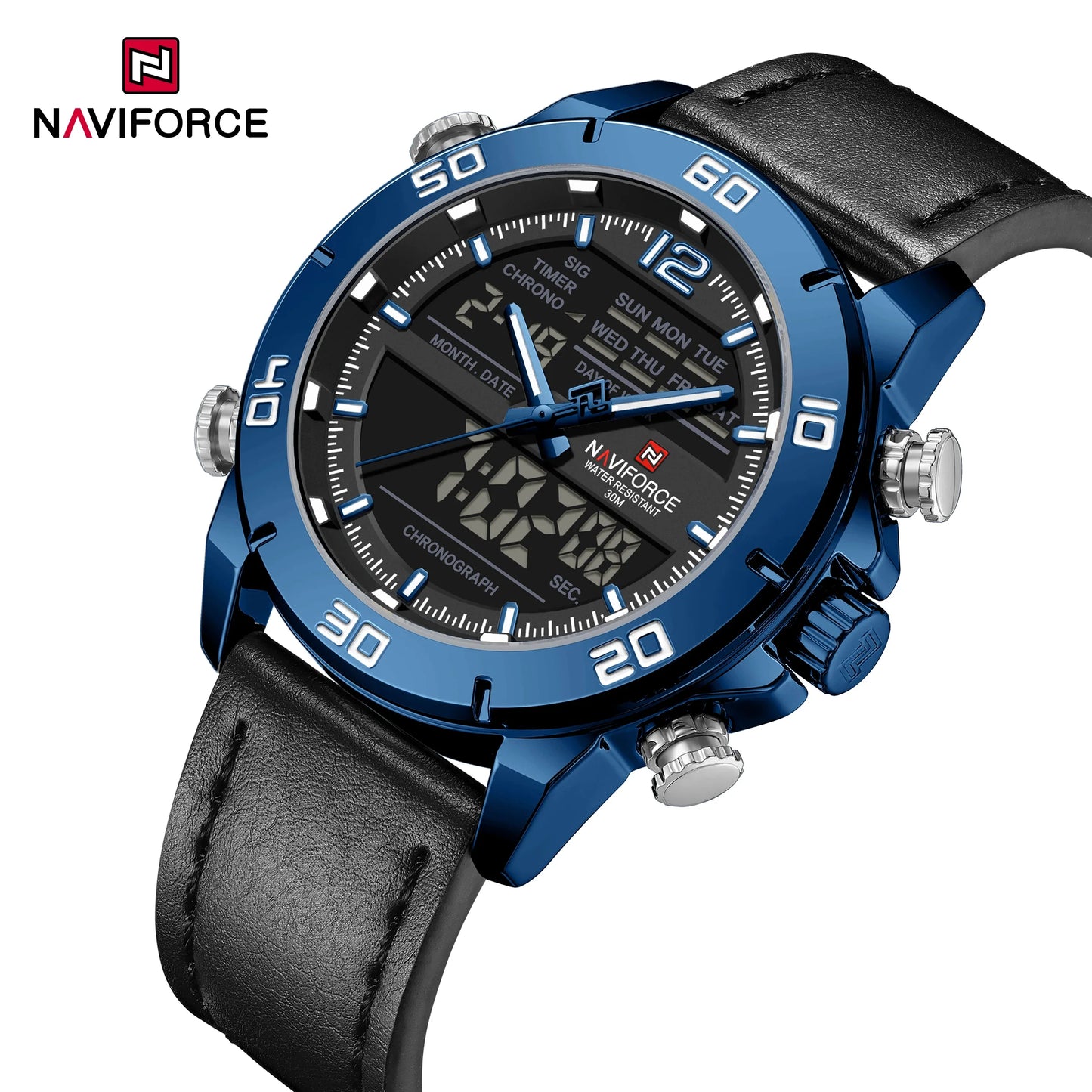 NAVIFORCE Orologio alla moda da uomo con cinturino in vera pelle Movimento al quarzo resistente all'acqua 30M Display luminoso con giorno e data F