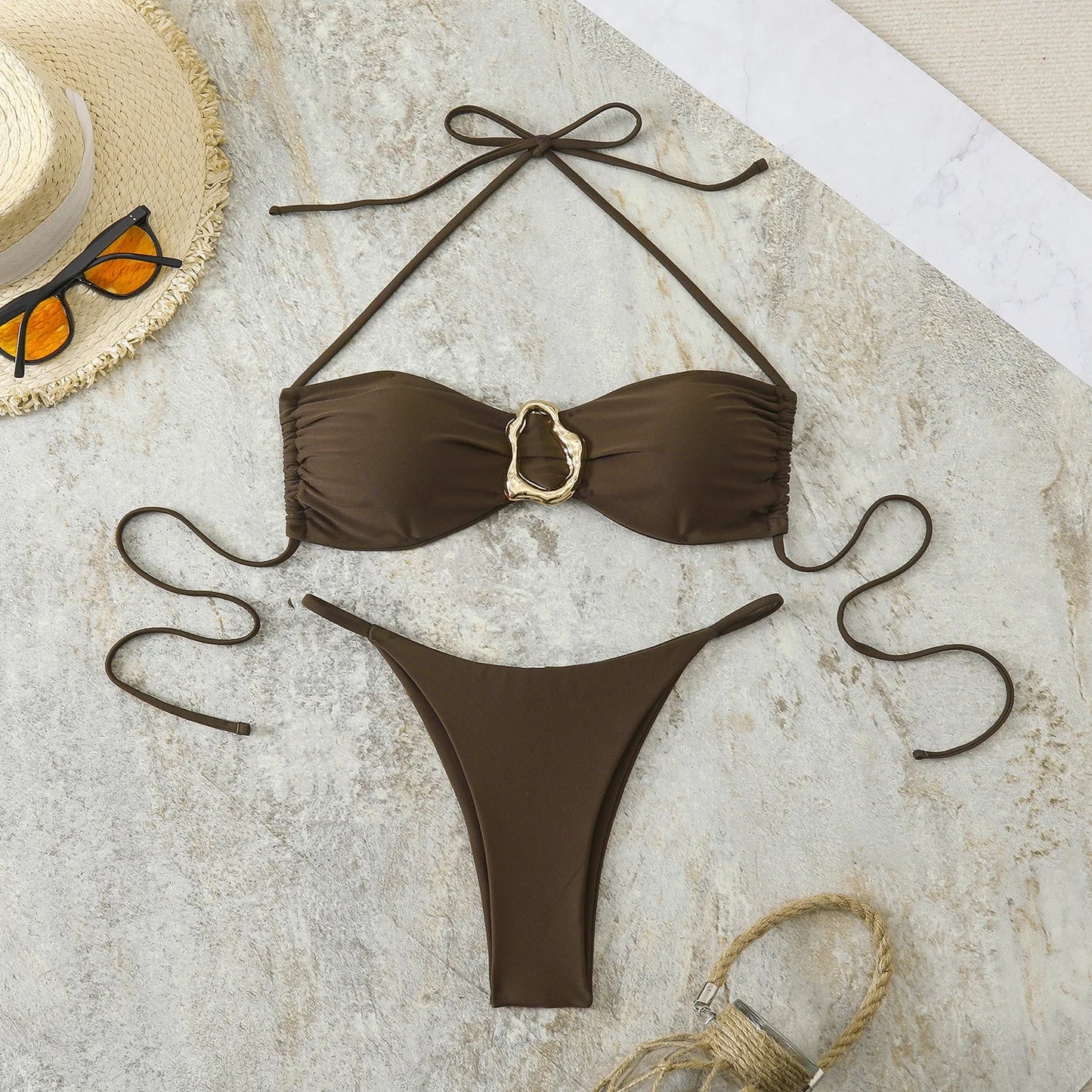 Costume da Bagno da Spiaggia alla Moda, Set Bikini a Perizoma per Donna, Sexy Costume da Bagno a Triangolo con Lacci, Due Pezzi, Stile Brasiliano, Tinta Unita