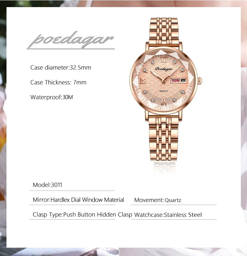 Orologio da donna POEDAGAR di alta qualità, in acciaio inossidabile, raffinato orologio da polso a bracciale, impermeabile, luminoso, elegante, orologio da donna, Reloj