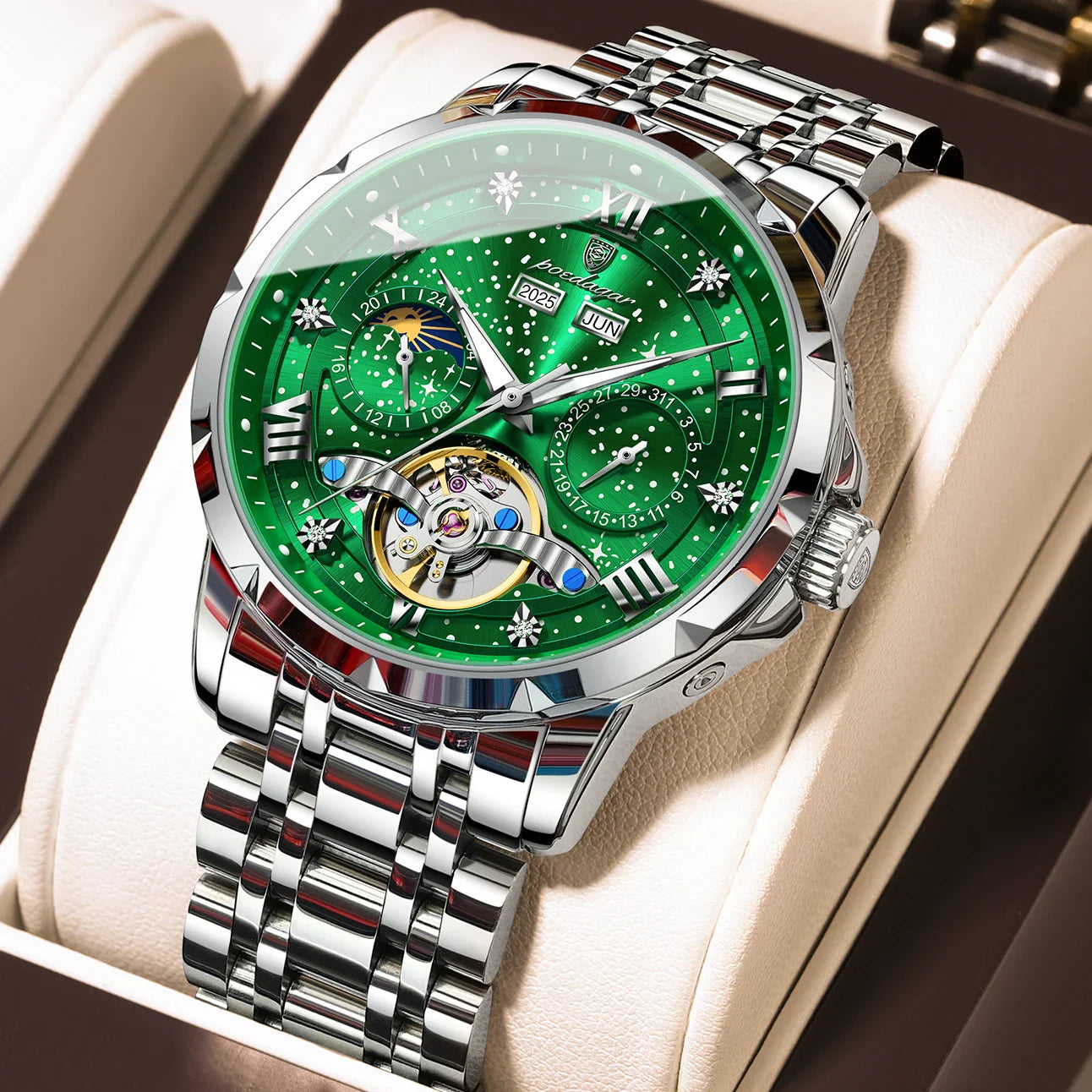 POEDAGAR Top Orologio da uomo originale Orologio meccanico automatico da uomo in acciaio inossidabile Calendario Hollow Tourbillon Orologio da uomo Maschio + scatola