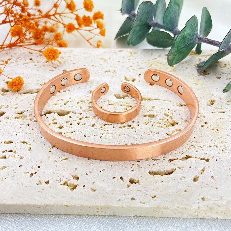Set Bracciali e anelli in rame puro per donna Uomo Polsino semplice Braccialetti magnetici Artrite Salute Gioielli in rame massiccio