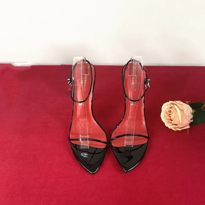 New 12cm Minimalist Ultra-fine Straight Strap High-heeled Shoes with Sexy Ankle Straps Plus Size Slim Heel Bed Sandals Women's