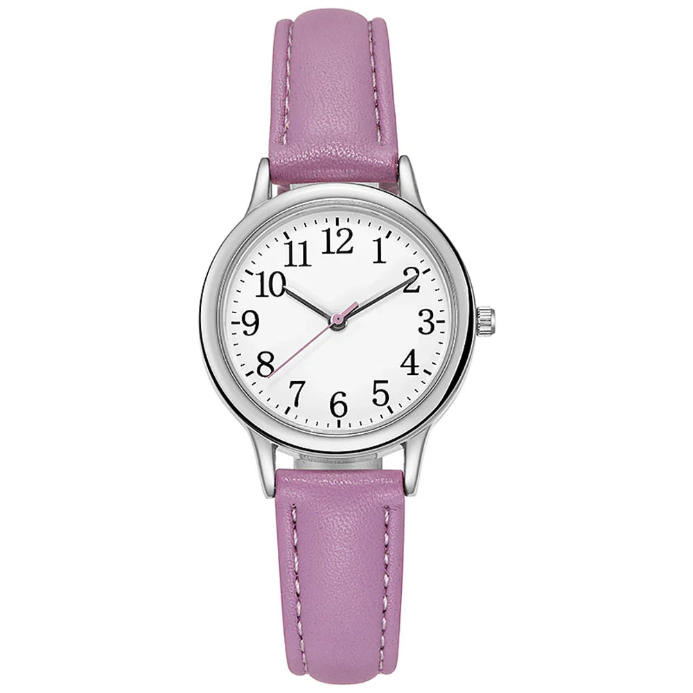 Orologio al quarzo da donna alla moda per il tempo libero, numeri arabi facili da leggere, quadrante semplice, cinturino in pelle PU, colore caramella