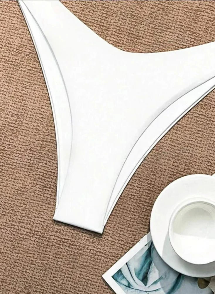 Costume da bagno bikini a perizoma da donna sexy, tinta unita bianco/nero/caffè, con laccetti, stile brasiliano, nuovo, in doppio tessuto, per la spiaggia