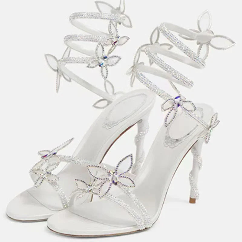 Aneikeh Elegant Pink Wedding Shoes CRYSTAL Bow High Heels Sandals Woman Summer Ankle Strap Thin High Heels Open Toed Party Shoes