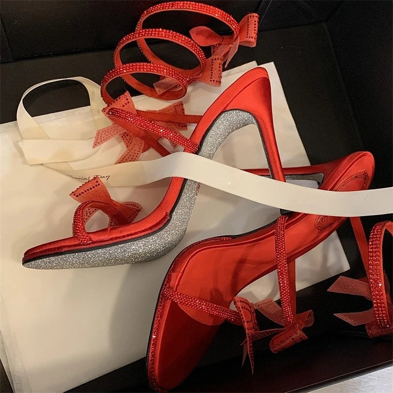 Aneikeh Elegant Pink Wedding Shoes CRYSTAL Bow High Heels Sandals Woman Summer Ankle Strap Thin High Heels Open Toed Party Shoes
