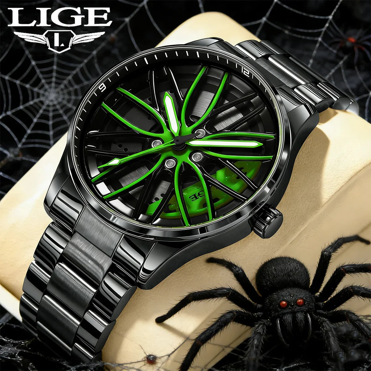 Orologio da Uomo LIGE di Lusso al Quarzo, Sportivo, Impermeabile, in Acciaio Inossidabile, Luminoso, con Quadrante a Forma di Ruota d'Auto, Elegante Orologio da Uomo per Affari