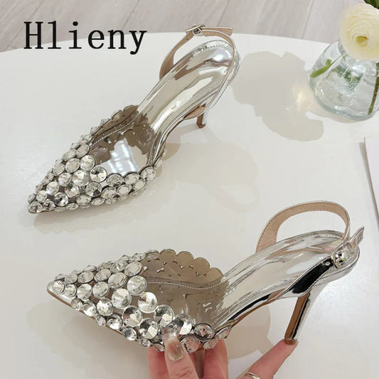 Hlieny Hollow Out Patent Leather Women Pumps Fashion Crystal Diamonds Pointed Toe Gold Silver High Heels Shoes Stiletto Sandals