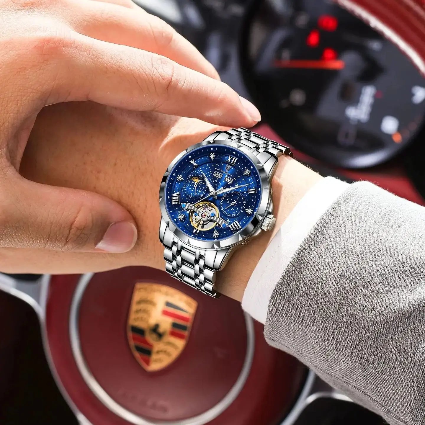 POEDAGAR Top Orologio da uomo originale Orologio meccanico automatico da uomo in acciaio inossidabile Calendario Hollow Tourbillon Orologio da uomo Maschio + scatola