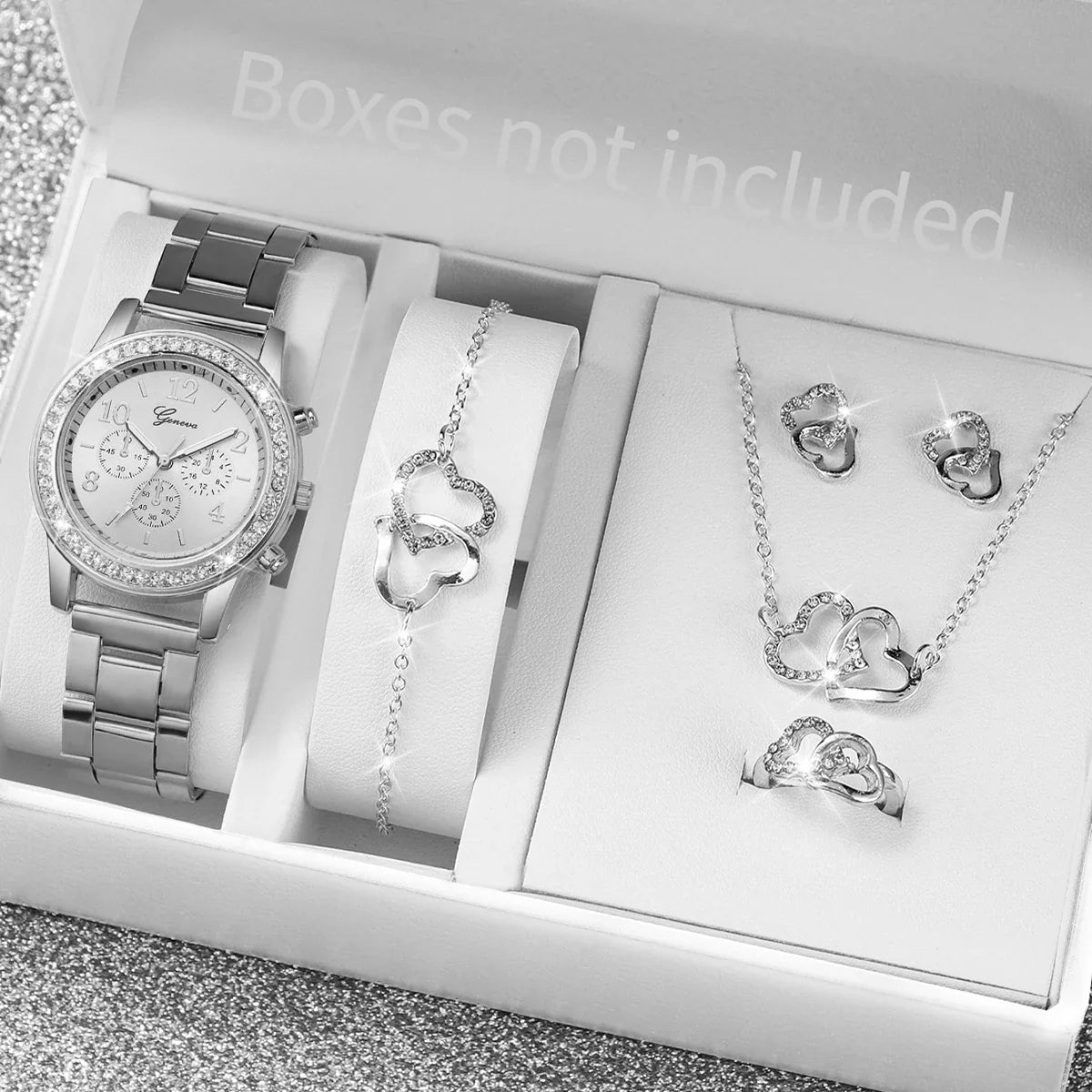 6 pezzi/set orologio da donna moda strass cinturino in acciaio inossidabile orologio al quarzo doppio cuore set di gioielli (senza scatola)