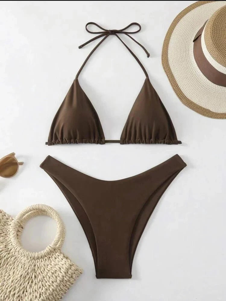 Costume da bagno bikini a perizoma da donna sexy, tinta unita bianco/nero/caffè, con laccetti, stile brasiliano, nuovo, in doppio tessuto, per la spiaggia