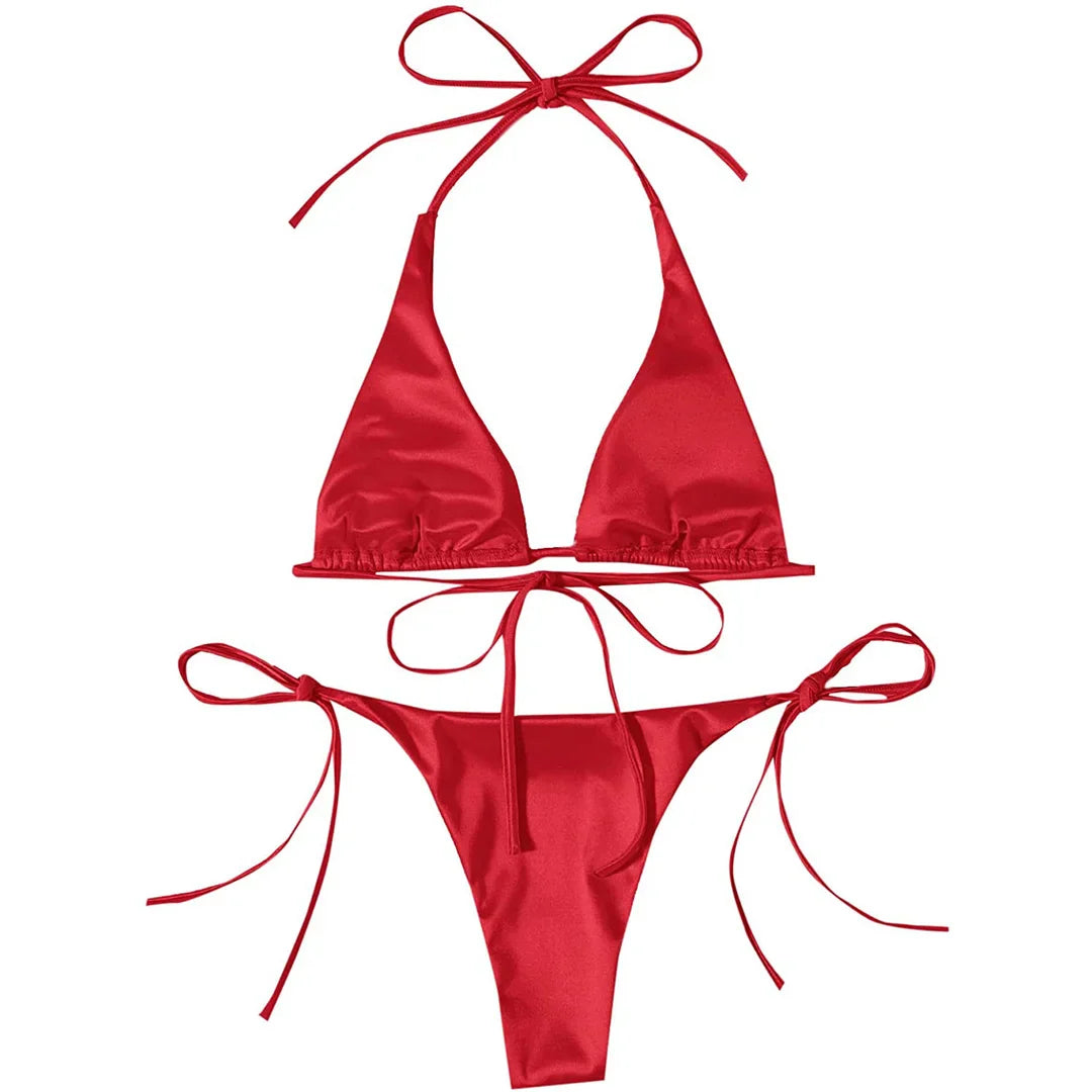 Sexy 13 colori Halter Satin Bikini brasiliano Donna Costumi da bagno Costume da bagno femminile Bikini a due pezzi Bagnante Costume da bagno Swim V4966