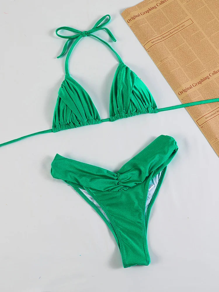 Costume da bagno bikini con pieghe sexy Micro bikini solido Costume da bagno donna Triangolo femminile Costume da bagno da spiaggia