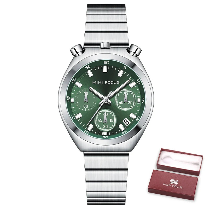MINI FOCUS Orologio al quarzo verde argento per donna Orologio da polso cronografo con cinturino in acciaio inossidabile moda con lancette luminose Data 0491