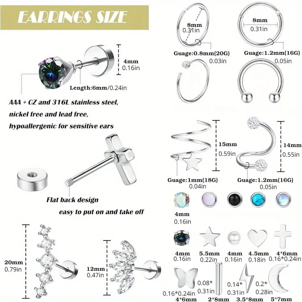 Drperfect 1pc orecchini chirurgici in acciaio inossidabile per donna uomo orecchini con retro piatto orecchini con cartilagine orecchini a cerchio con Piercing