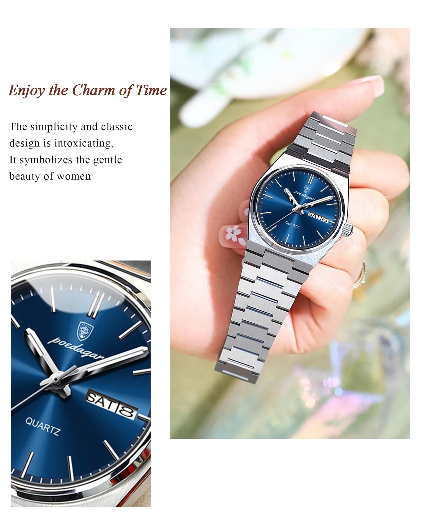 POEDAGAR Top squisito orologio da polso da donna impermeabile al quarzo luminoso orologio da donna casual data settimana orologi da donna in acciaio inossidabile