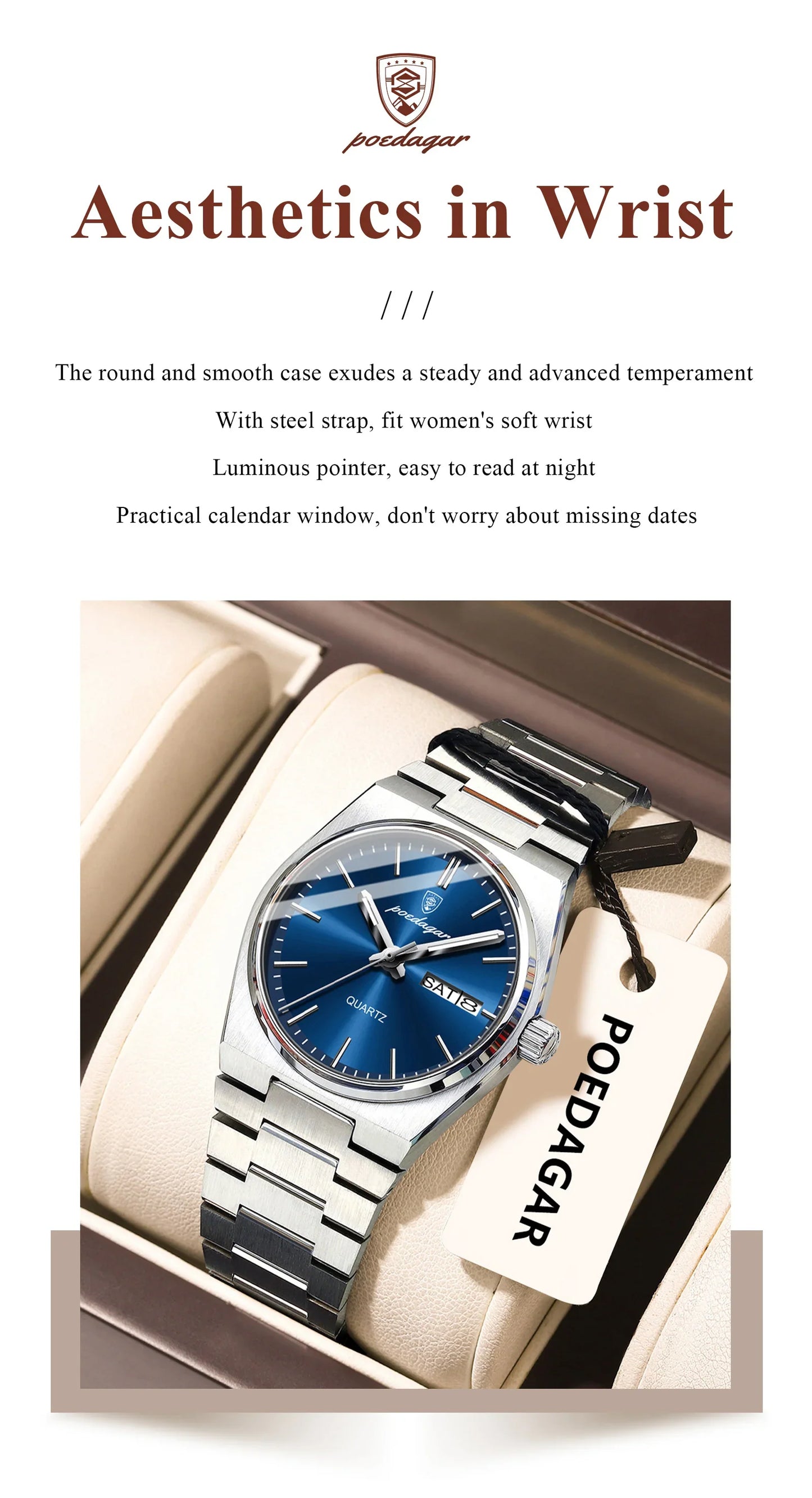 POEDAGAR Top squisito orologio da polso da donna impermeabile al quarzo luminoso orologio da donna casual data settimana orologi da donna in acciaio inossidabile