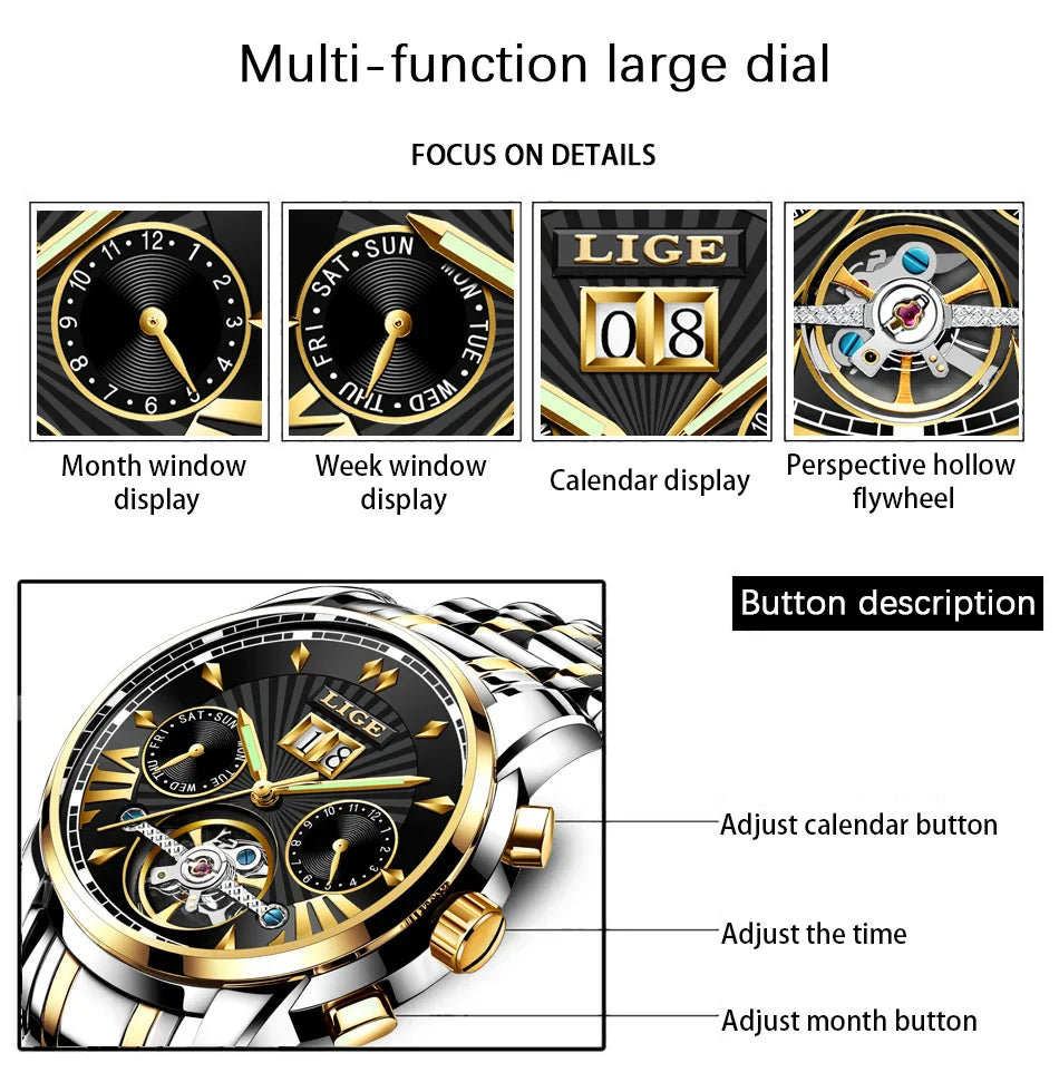 Orologi da Polso Meccanici Automatici LIGE 2026 per Uomo, Marca di Lusso, Orologio da Uomo con Tourbillon, Moda Business, Impermeabile