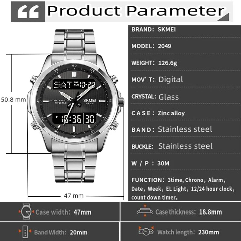 Skmei orologio da polso analogico al quarzo da uomo cinturino in acciaio inossidabile di lusso Led impermeabile digitale sportivo sveglia a tre fusi orari