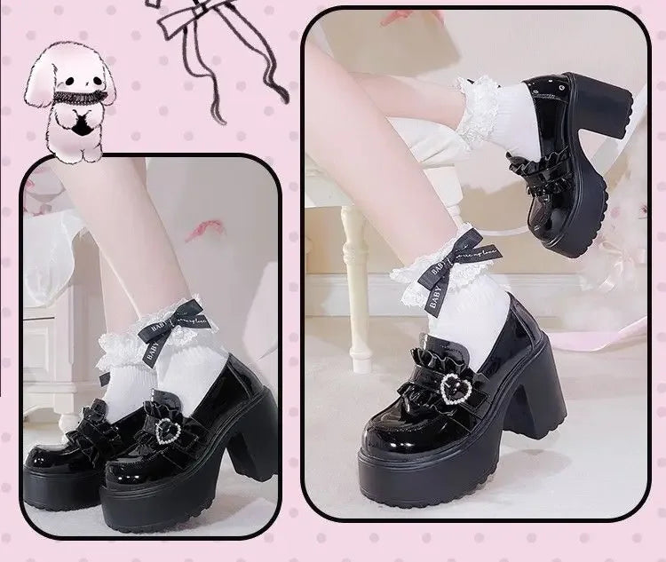 Sweet Heart-Shaped Buckle Lolita High Heels Pump Shoes for Women Y2k PU Leather Waterproof Platform Mary Janes Shoes
