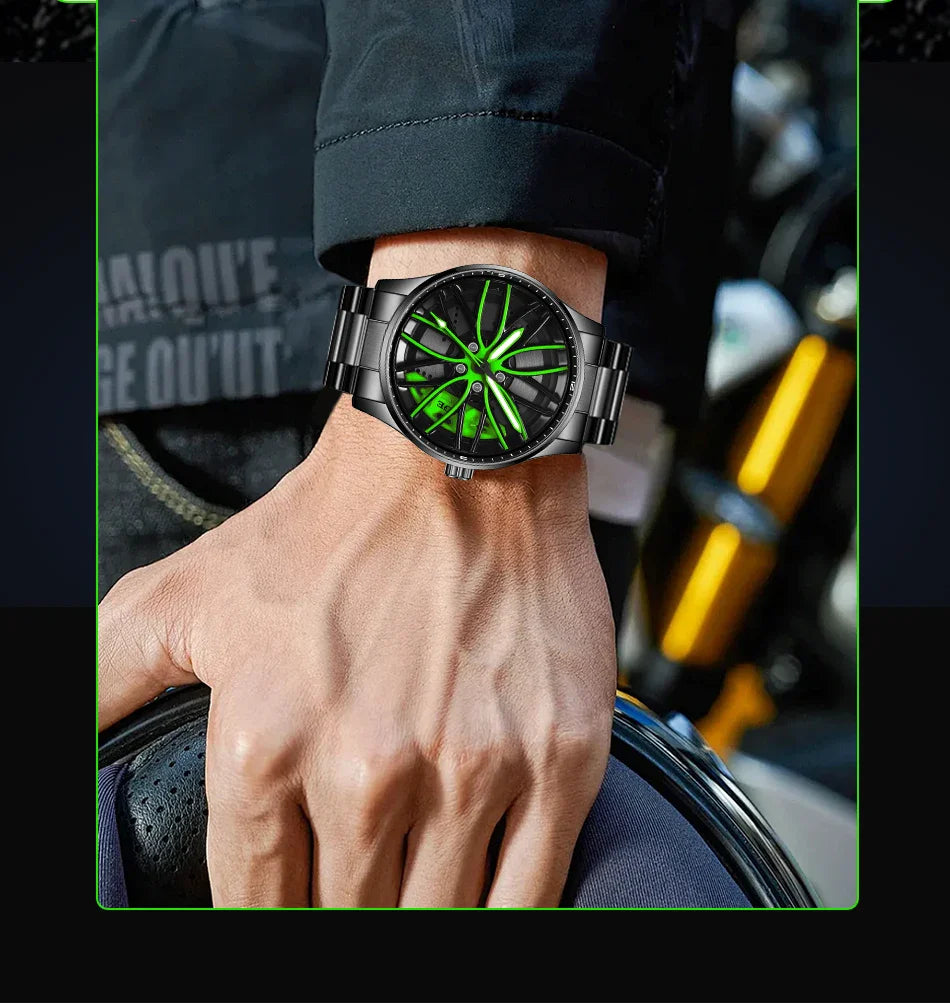 Orologio da Uomo LIGE di Lusso al Quarzo, Sportivo, Impermeabile, in Acciaio Inossidabile, Luminoso, con Quadrante a Forma di Ruota d'Auto, Elegante Orologio da Uomo per Affari