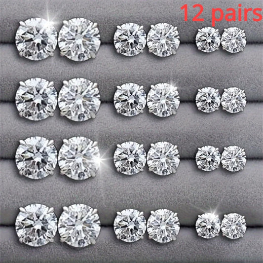 Set da 12 paia di orecchini a bottone in acciaio inossidabile color argento CZ con boccioli di pietre preziose orecchini rotondi accessori per gioielli unisex