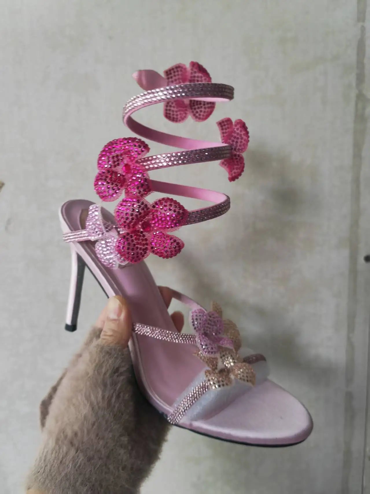 Aneikeh Elegant Pink Wedding Shoes CRYSTAL Bow High Heels Sandals Woman Summer Ankle Strap Thin High Heels Open Toed Party Shoes