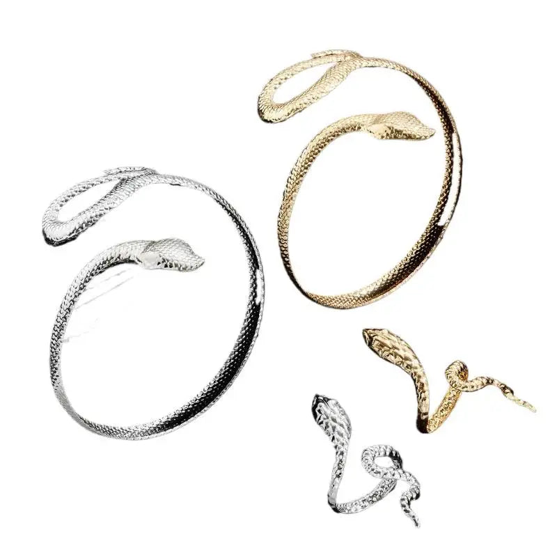 Offerta Speciale: Set di 2 Bracciali e Anelli a Forma di Serpente Punk, Bracciali Apribili a Spirale e Anelli per Dita, Gioielli per Mani Unisex
