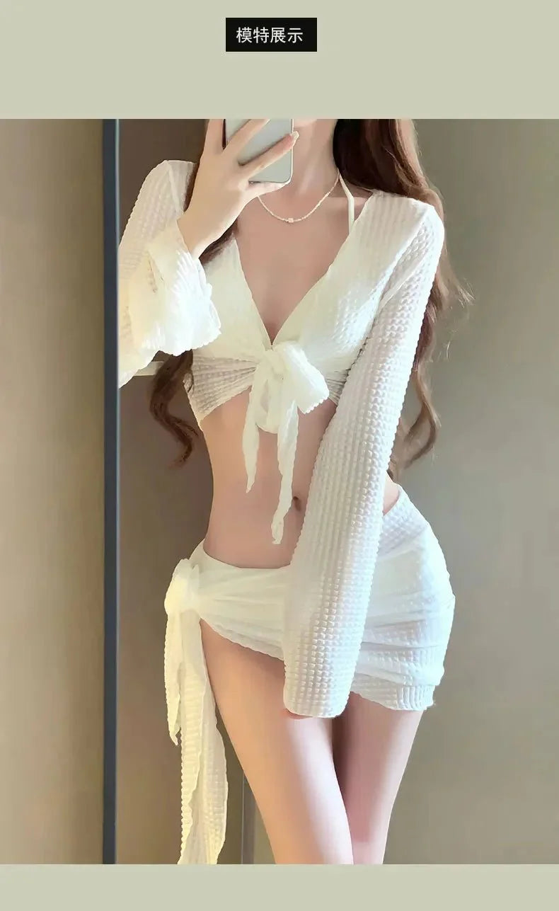 Costume da Bagno Donna 4 Pezzi Stile Coreano Bianco Nero Manica Lunga con Nodo Frontale e Gonna Copricostume 2025 – Perfetto per le Vacanze