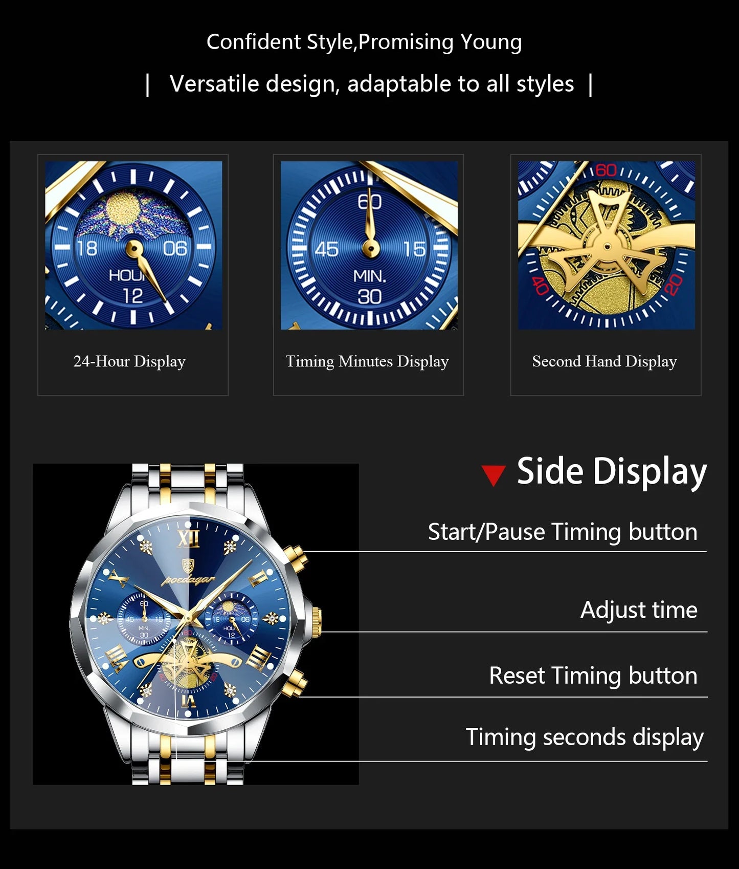 POEDAGAR Orologio da uomo di lusso Top originale impermeabile cronografo luminoso orologio da polso da uomo al quarzo in acciaio inossidabile orologi da uomo Reloj