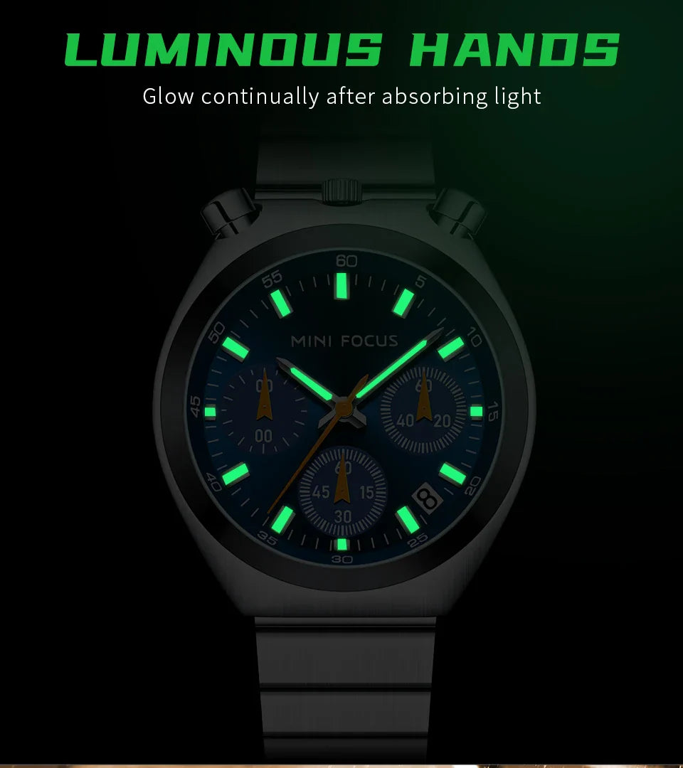 MINI FOCUS Orologio al quarzo verde argento per donna Orologio da polso cronografo con cinturino in acciaio inossidabile moda con lancette luminose Data 0491